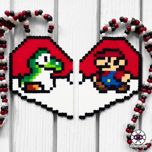 Yoshi and Mario Heart Perler Necklaces - Picture 1 of 6